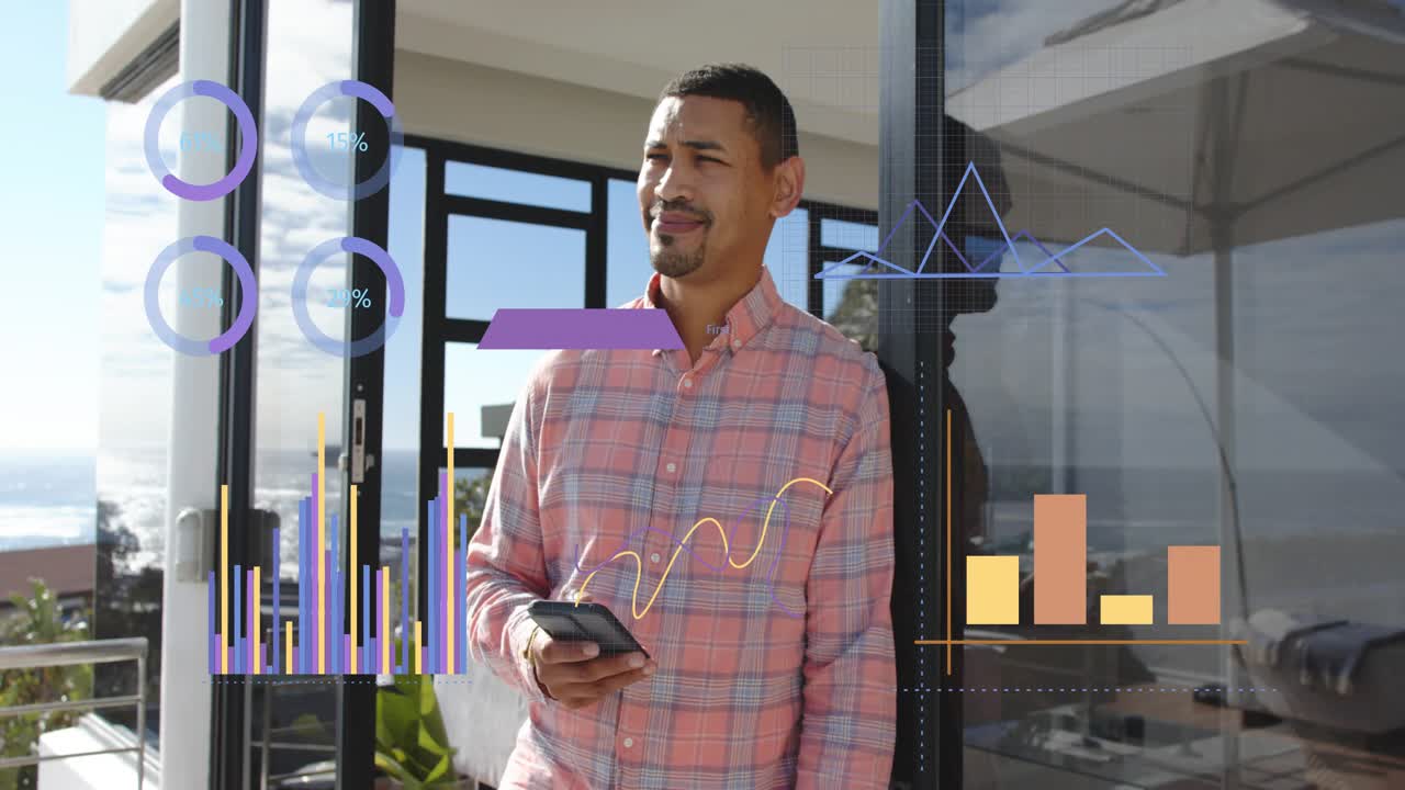 Man glancing at phone, scrolling on balcony while animated charts updating, checking tech stats