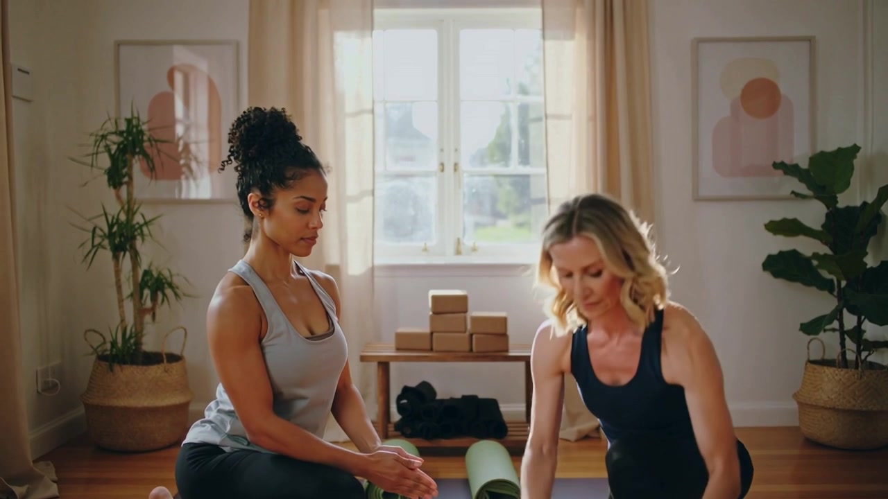 Coach che dà indicazioni a due donne in abbigliamento sportivo che preparano i tappetini in salotto, passando una lunga cinghia da yoga nera