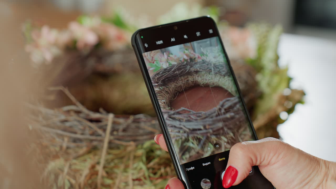 Close-up of female hand with red nails using smartphone to photograph handmade floral wreath on wooden table, capturing creative decoration details of rustic design with natural materials in workshop