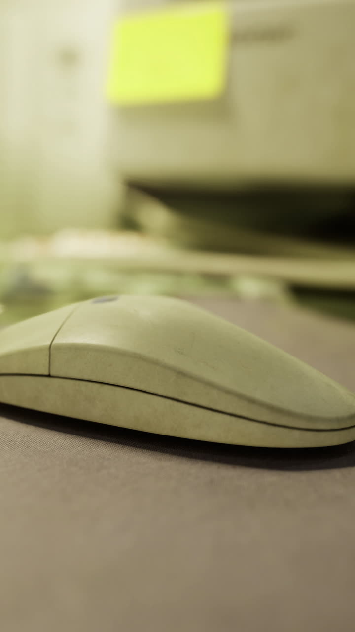 Old computer mouse sitting on desk near unusual background