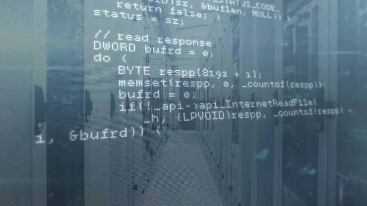 Opening C++ overlay reading HTTP scrolling upward revealing network geometry routines on rack aisle