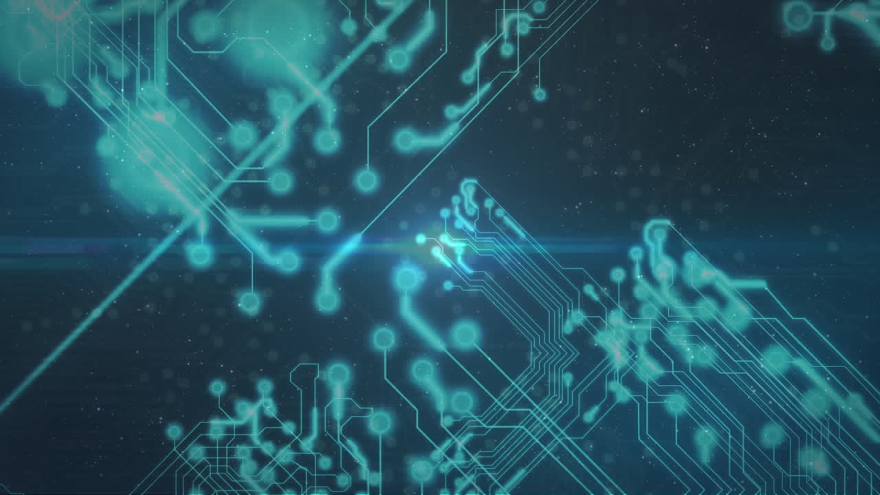 animación de líneas que se mueven en el patrón de la placa de circuitos contra un fondo abstracto