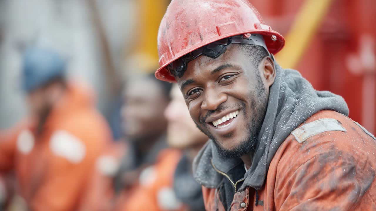 A Dedicated Worker in a Hard Hat Exudes Pride and Joy While Engaging in Team Activities on a Mechanically-Involved Project Site