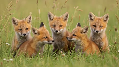 a heartwarming gathering of five young foxes in a lush green meadow, capturing their playful spirit and natural curiosity in a beautiful natural setting