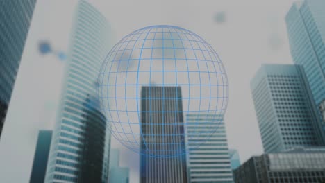 minimal wireframe sphere rotating over futuristic skyscrapers