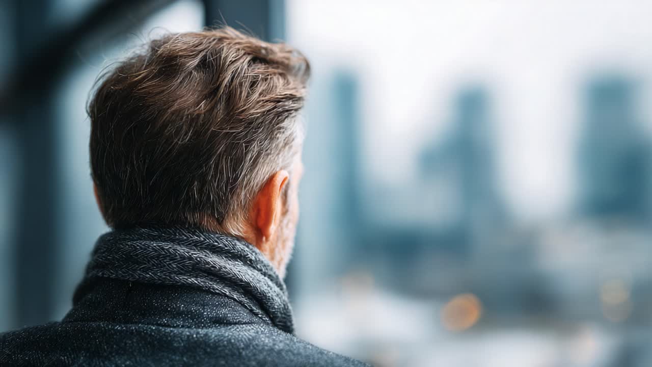 Contemplating the Future: A Man Gazing Out at a Blurred Cityscape, Reflecting on Life's Journey and Possibilities in a Serene Urban Environment