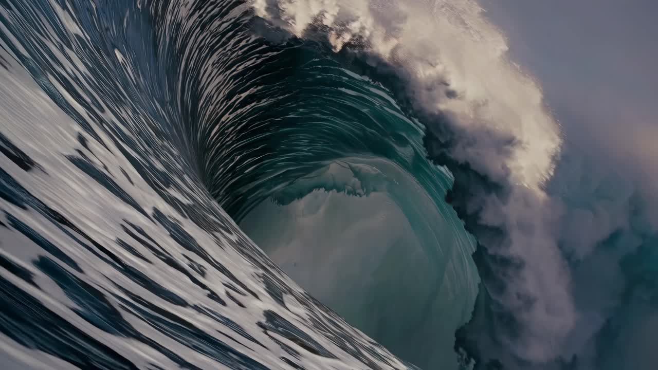 Dynamic close-up of a powerful ocean wave curling, captured from a low angle
