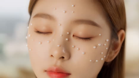 close-up of a woman's face adorned with pearls