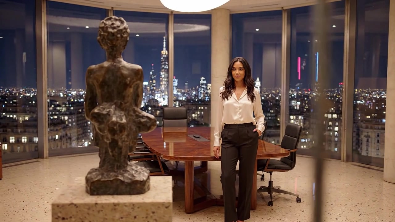 Empresaria segura de pie en una oficina moderna con vista al paisaje urbano nocturno, rodeada de una decoración elegante y una estatua, irradiando profesionalidad y aplomo