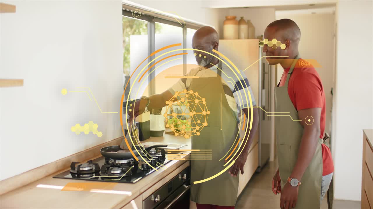 Senior man teaching cooking by pouring into pan while adult watching AR graphic syncing to gestures