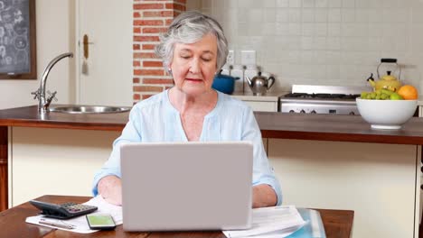 Ältere-Frau,-Die-Laptop-Und-Taschenrechner-Verwendet
