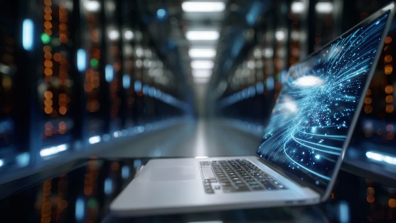 A sleek laptop showcasing dynamic digital animations in a vibrant data center environment, reflecting technology and innovation in modern computing infrastructures