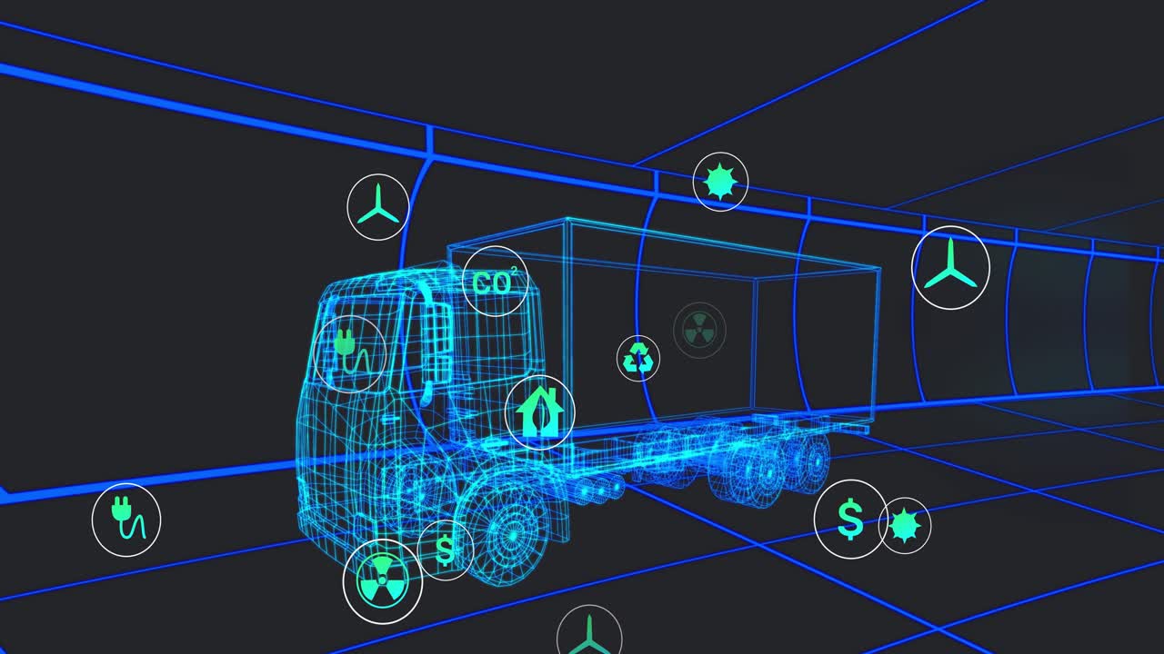 Starting with cyan wireframe truck, plug and recycle icons orbiting, visualizing energy metrics