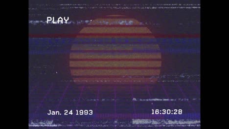 Animation-of-yellow-striped-circle-on-playback-interface,-with-interference-and-purple-background