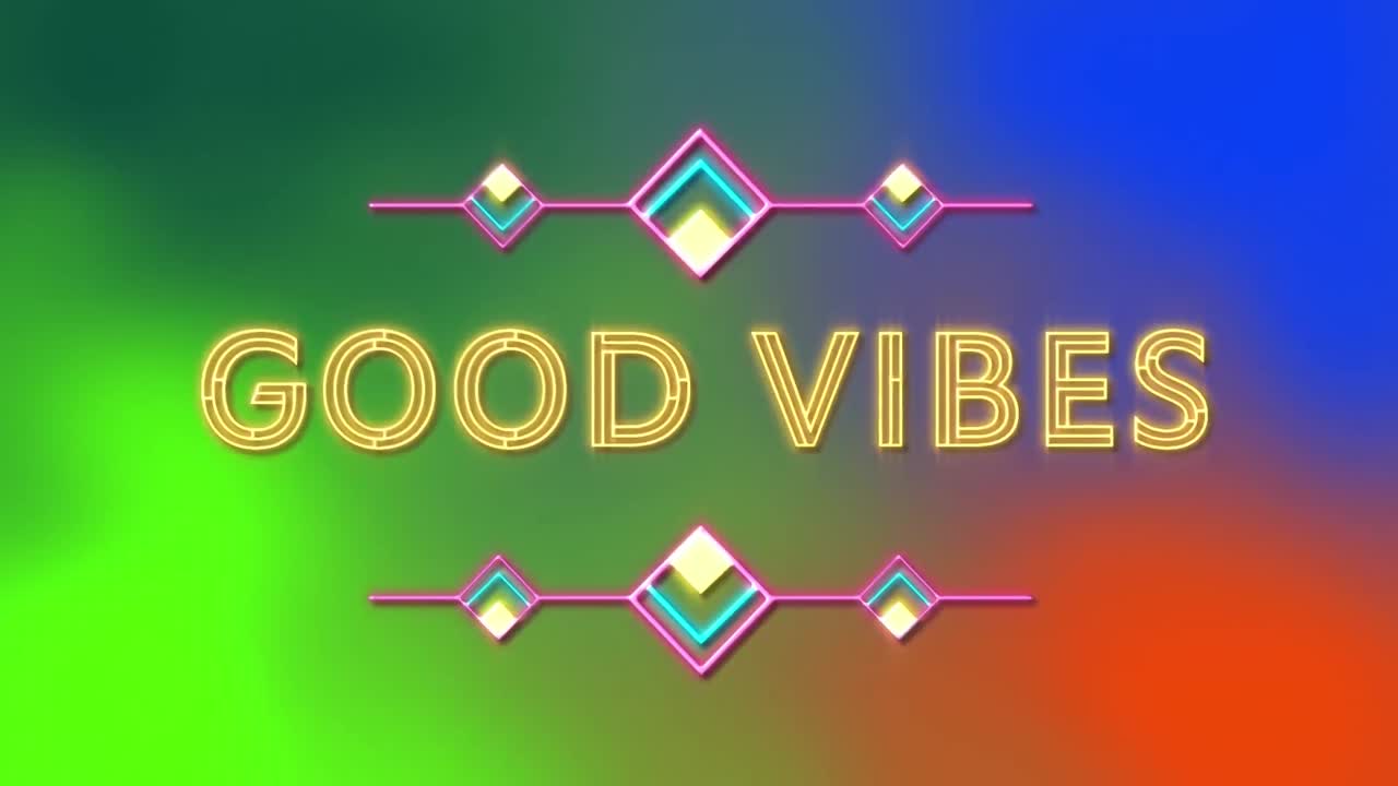 animación digital de neón buenas vibraciones texto contra un fondo de gradiente colorido