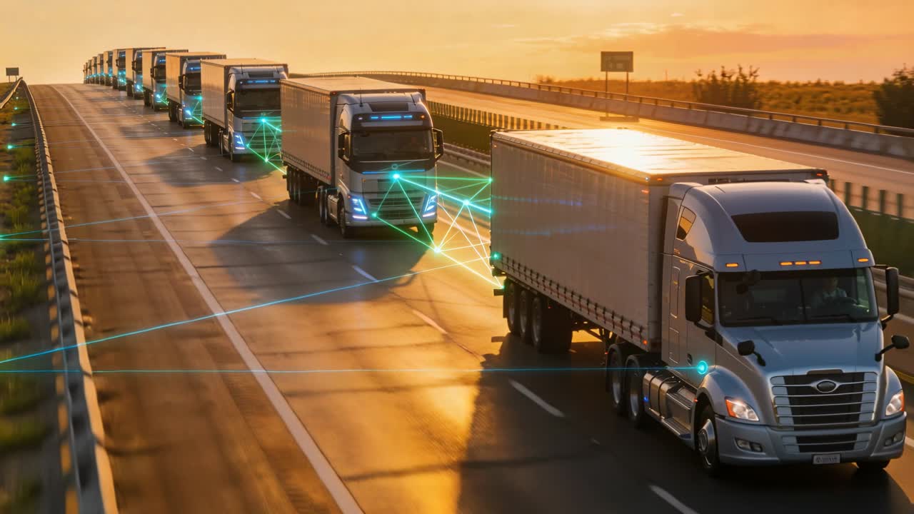 Video verticale: invio di collegamenti verdi, camion argentato di testa che mantiene in sicurezza la distanza nel convoglio in autostrada.