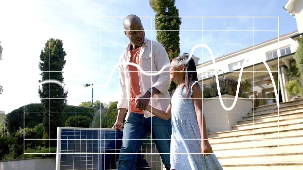 Father stepping, guiding daughter while carrying solar panel, discussing energy under grid waveform