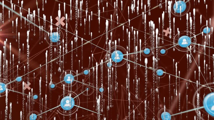 Animation of data processing and icons over black background