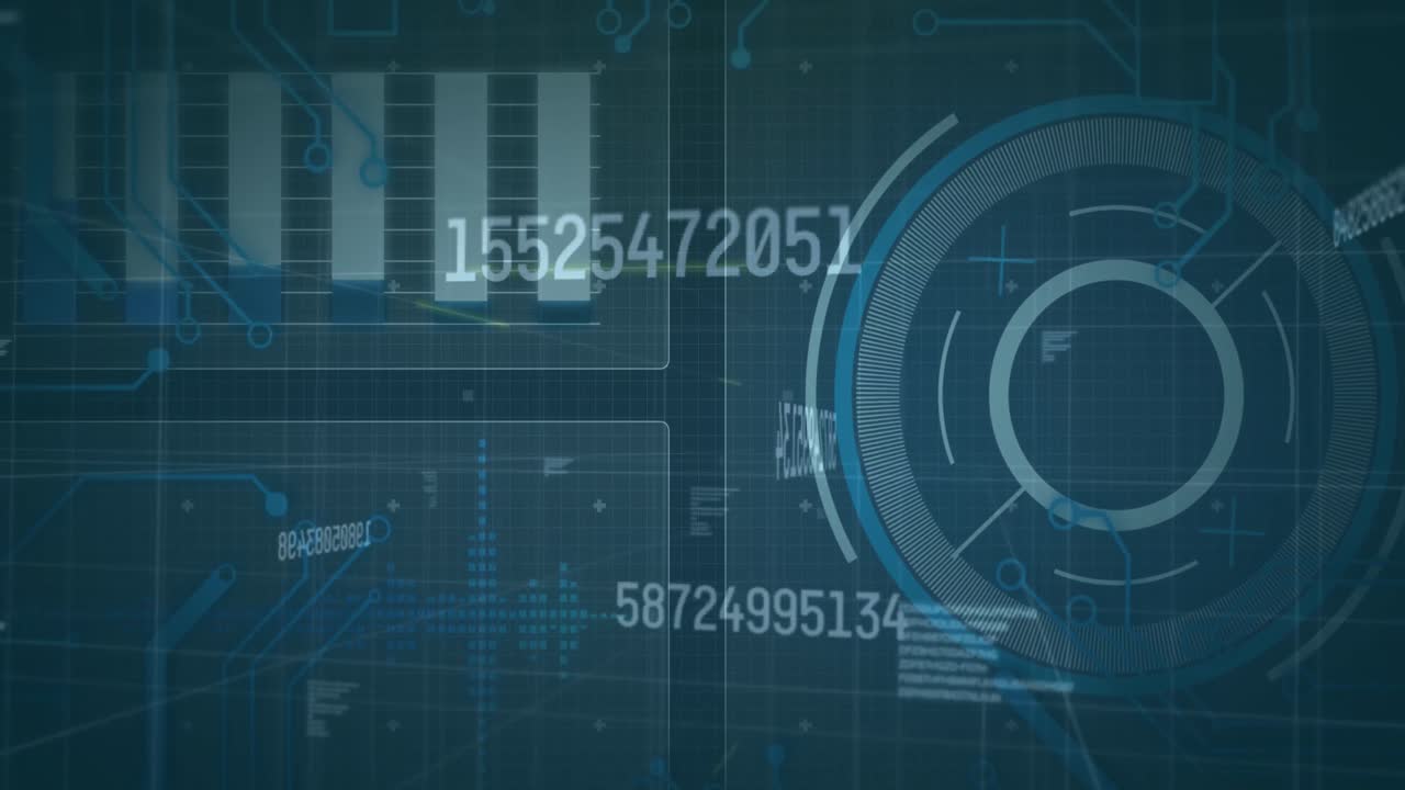 animación de números que cambian, escaneo de alcance y procesamiento de datos en pantallas sobre cuadrícula