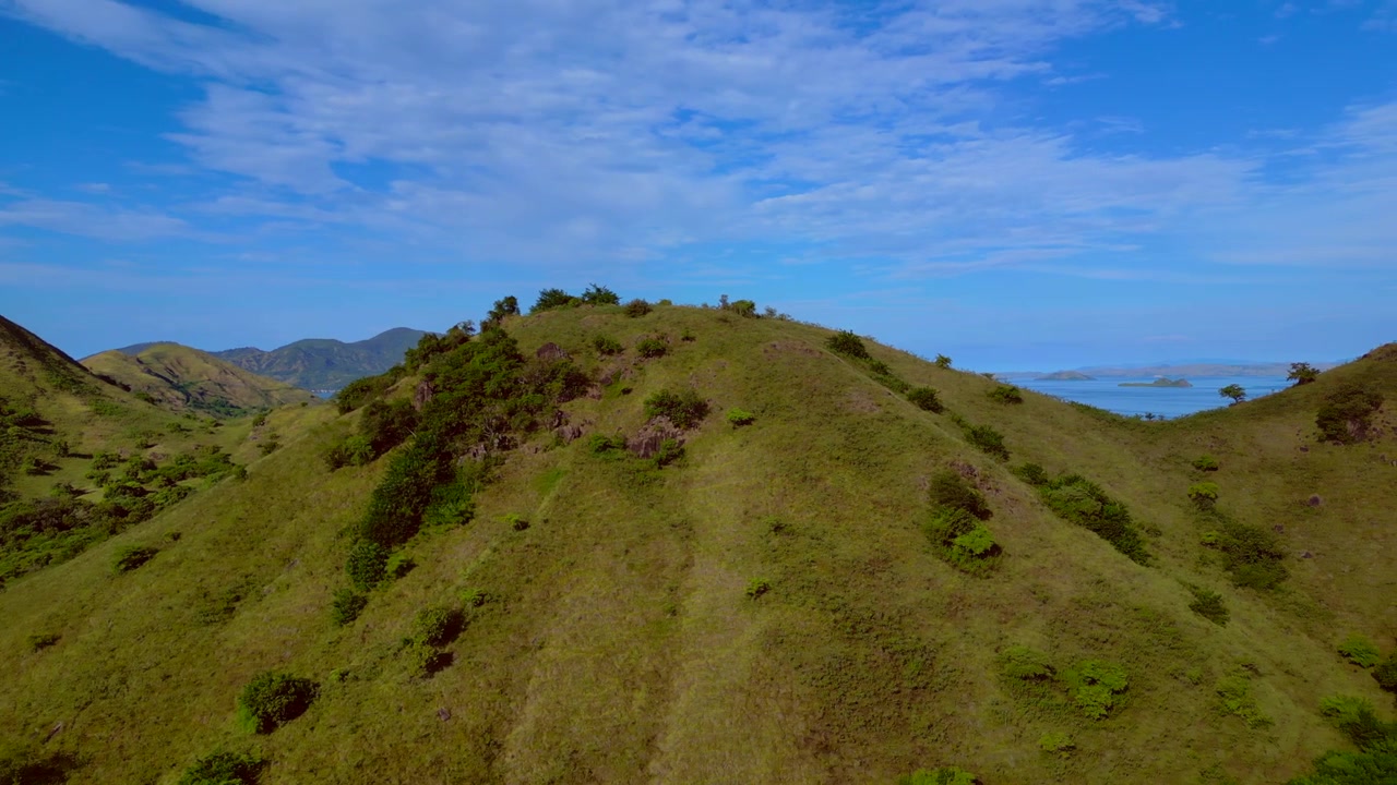 Pemandangan luas perbukitan Pulau Komodo yang tertutup hutan hijau lebat dan padang rumput di bawah langit biru. Pemandangan udara terbaik dengan putaran pan ke kanan dari drone panorama.