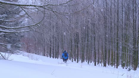 Hombre-Caminando-Por-El-Bosque-En-Un-Hermoso-Día-De-Invierno-Con-Fuertes-Nevadas