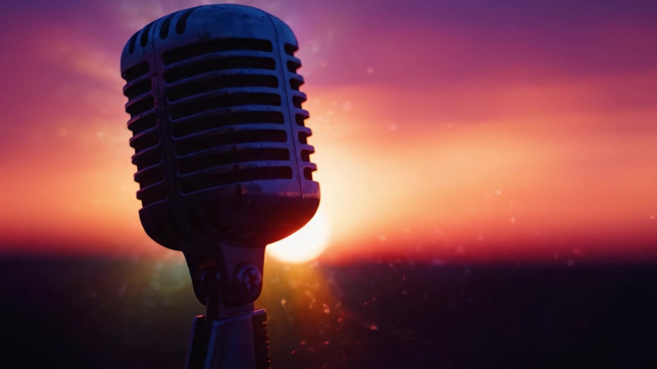 Un Microfono Retrò in Silhouette Contro un Tramonto Mozzafiato, Catturando l'Essenza della Musica e della Performance in un Cielo Serale Colorato