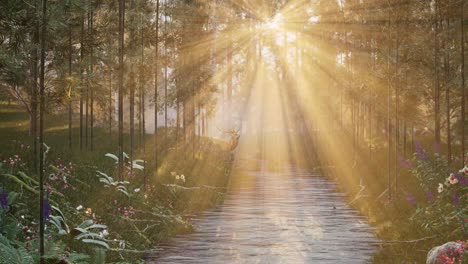 Schöne-Landschaft-Sonnenaufgang-Am-Fluss-Mit-Einem-Hirsch