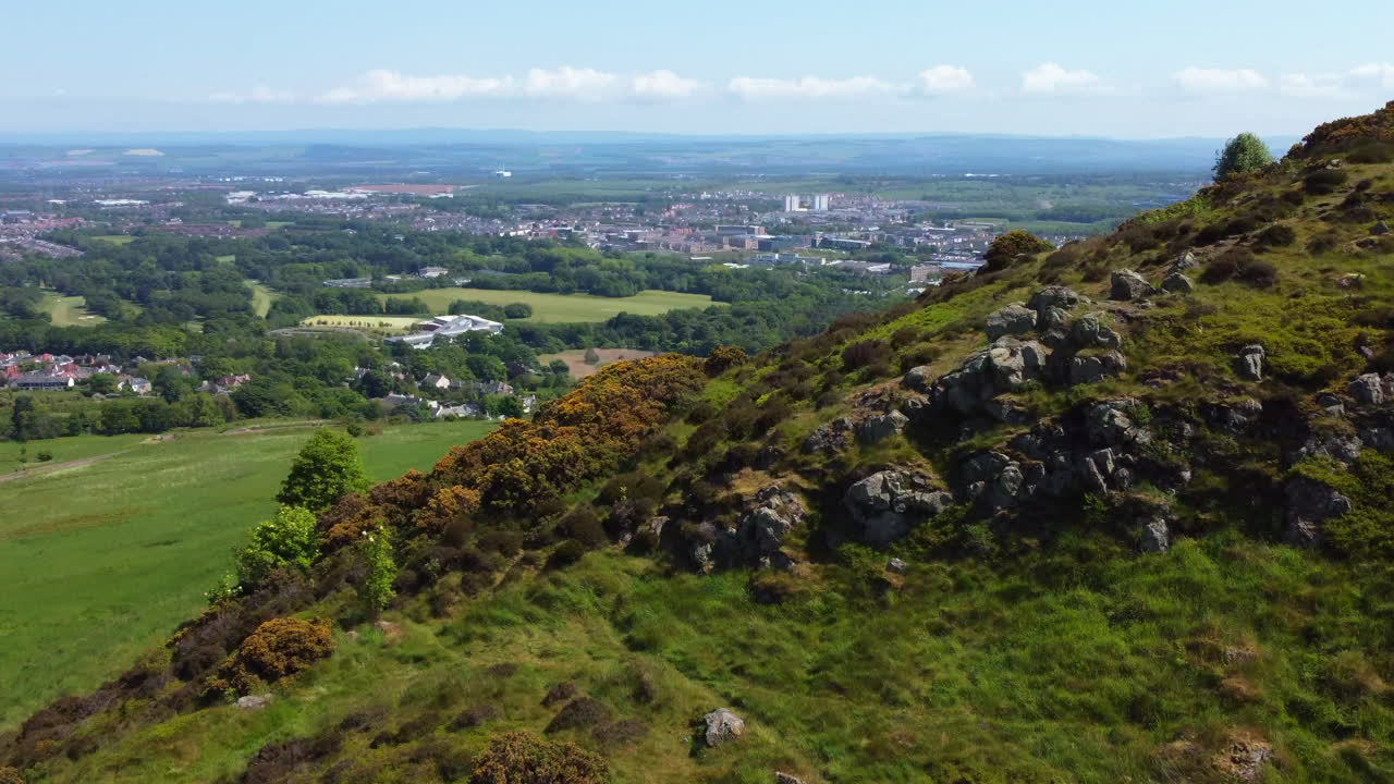 Aerial drone view of lakes and heals in Edinburgh United Kingdom