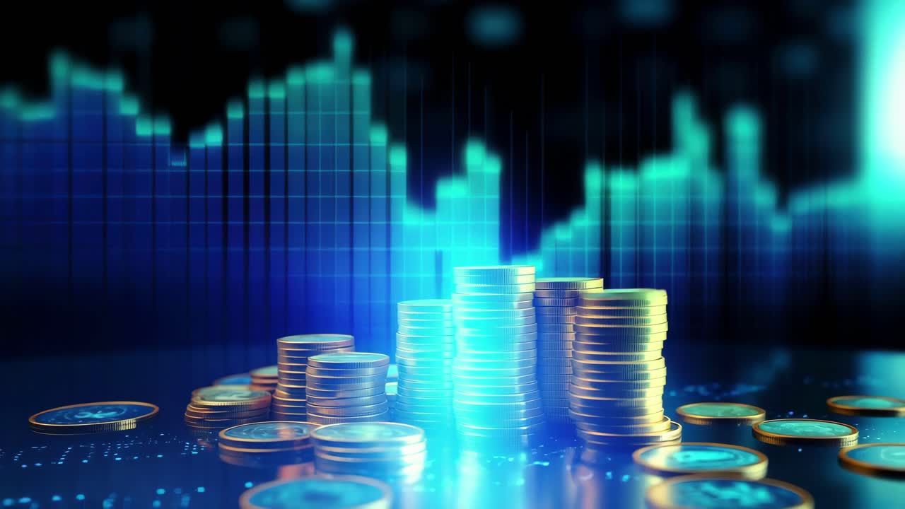 Low-angle video concept of stacked coins against a digital stock market graph