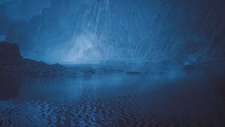 Mysterious blue landscape with reflections and mist in a serene environment