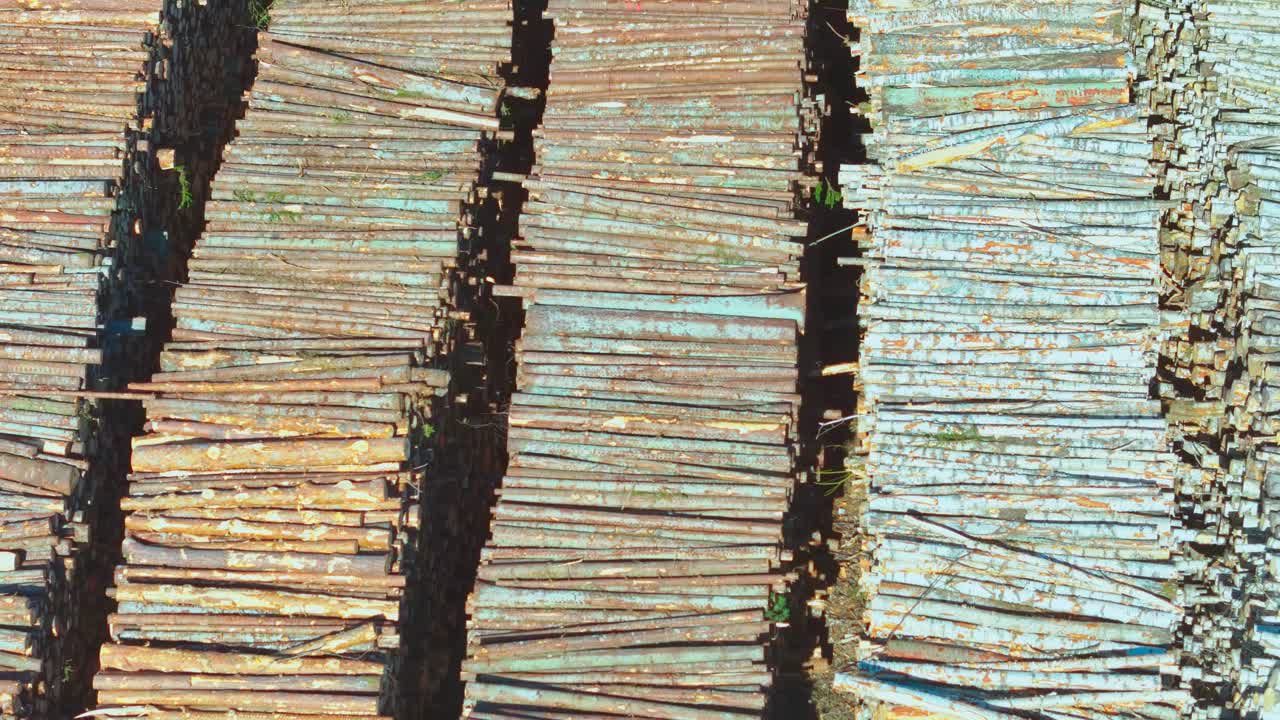 Organized piles of weathered timber logs lie in long, parallel rows at a lumberyard, captured from above with color variation and industrial texture.