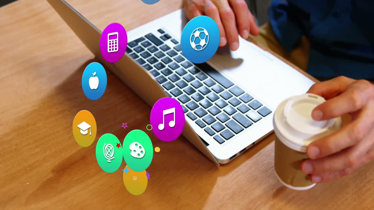 Animation of colorful icons over caucasian man using laptop