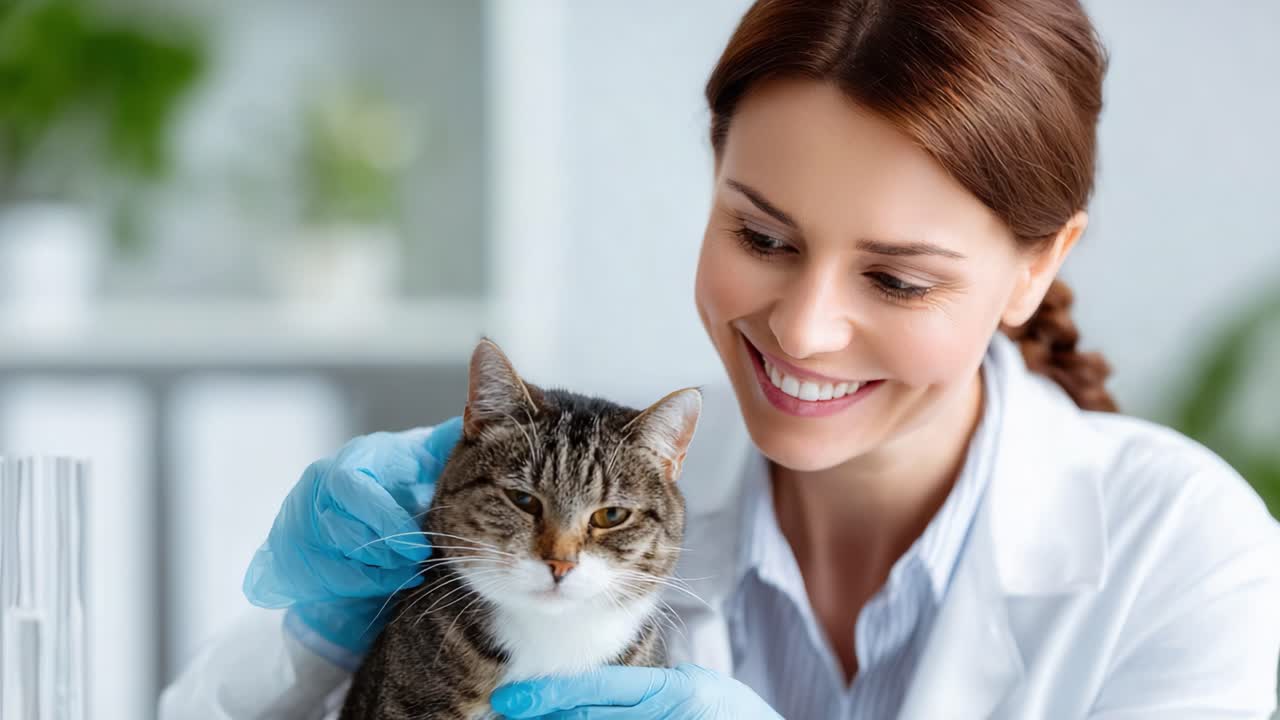 A compassionate veterinarian gently cares for a cat in a bright, modern clinic, showcasing the bond between pets and their caregivers in a safe environment