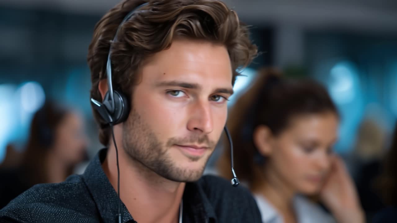 Man wears headset, focused, attentive, professional. He listens, speaks, works, supports, responds. Soft lighting, calm background, blurred colleagues. Call center, customer service, tech support