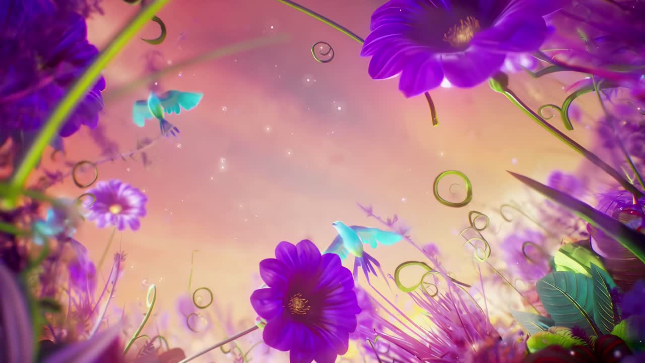 Whimsical video scene of vibrant purple flowers, captured from a low-angle view