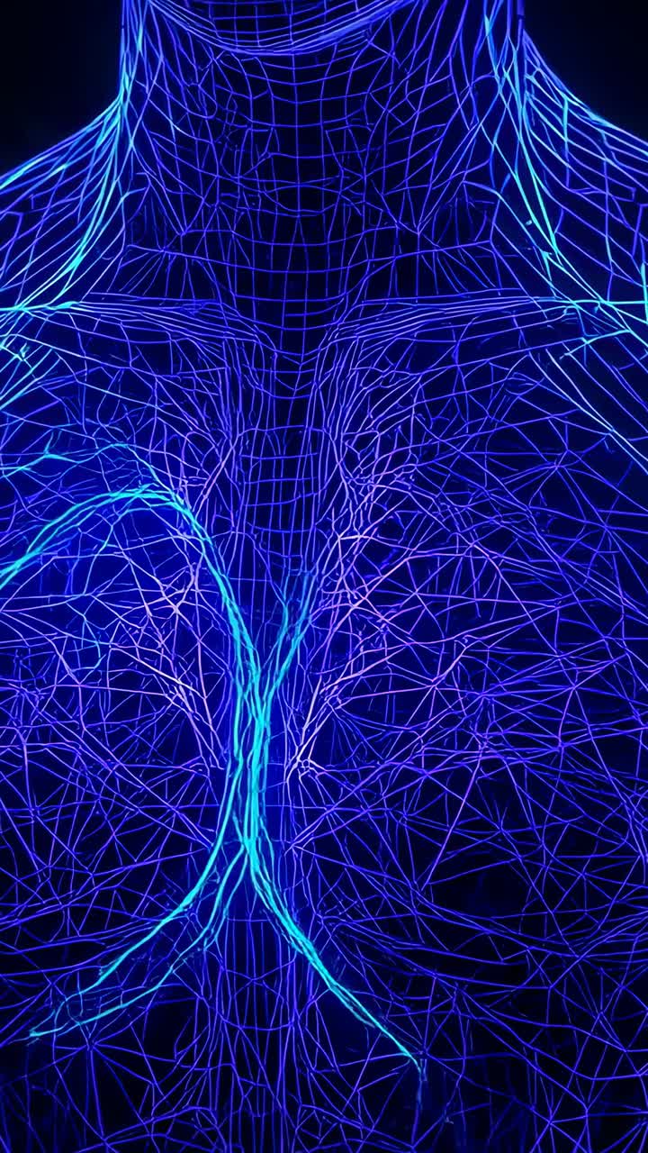 Vertical video: Glowing cyan filament appearing at left chest, tracing across neon torso mesh