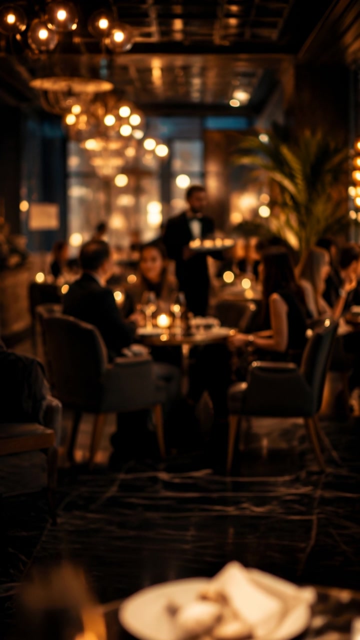 Warm upscale dining room with softly blurred seated guests, glowing chandeliers, candlelit tables, reflective glass surfaces, and rich amber lighting creating