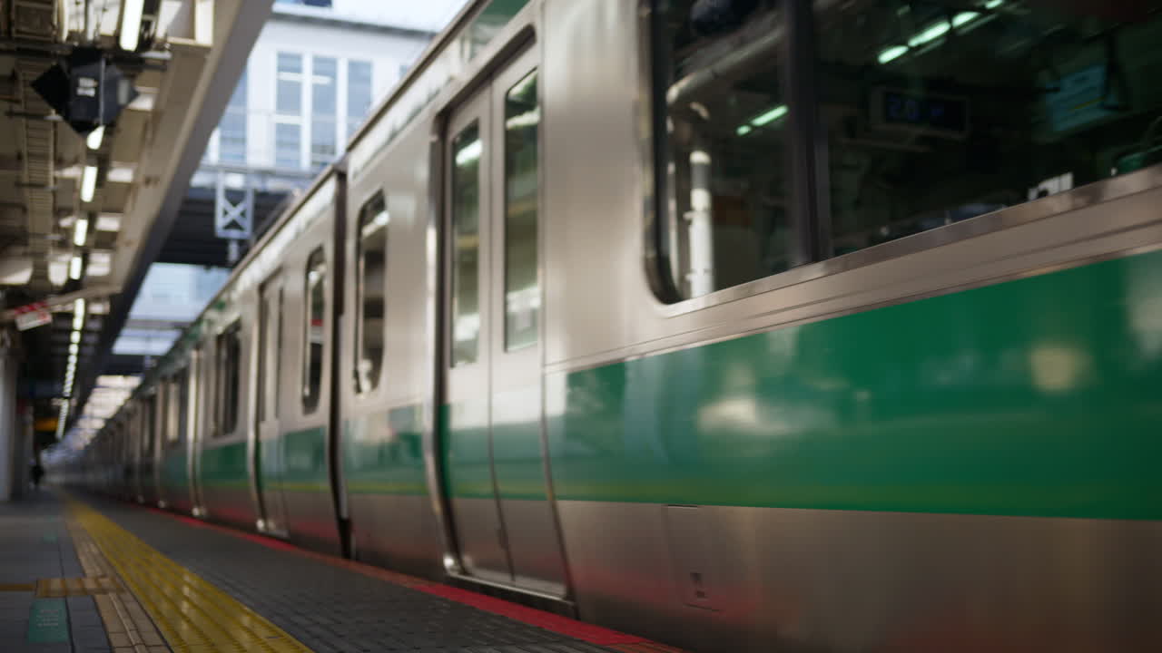 Close up of a subway arriving at the station in Tokyo, Japan