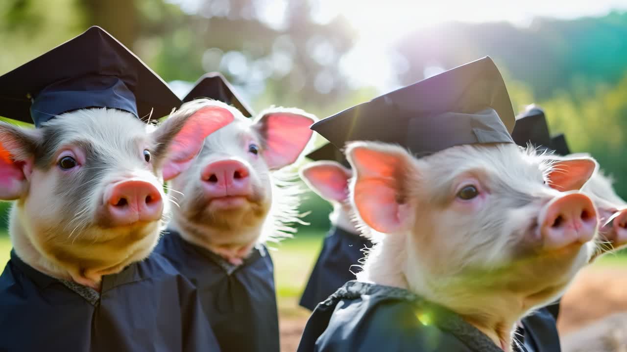 졸업식 모자와 드레스를 입은 돼지 그룹