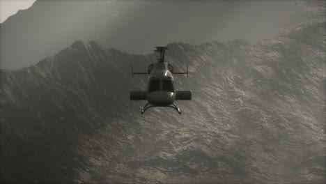 extreme slow motion flying helicopter near mountains with fog