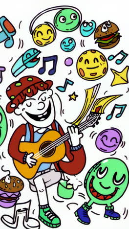 whimsical cartoon character playing guitar with happy emojis and musical notes