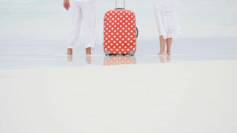 male female caucasian seniors on beach with suitcase