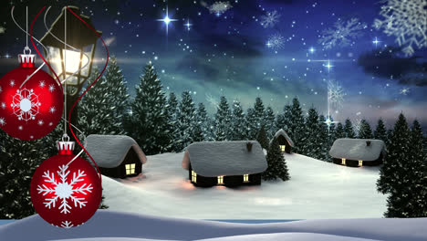 Animation-of-snow-falling-and-christmas-baubles-over-houses-in-winter-scenery