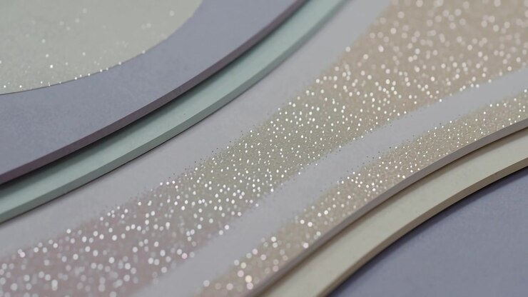 Shifting camera revealing pastel cardstock strips on tabletop, glitter stripe catching light