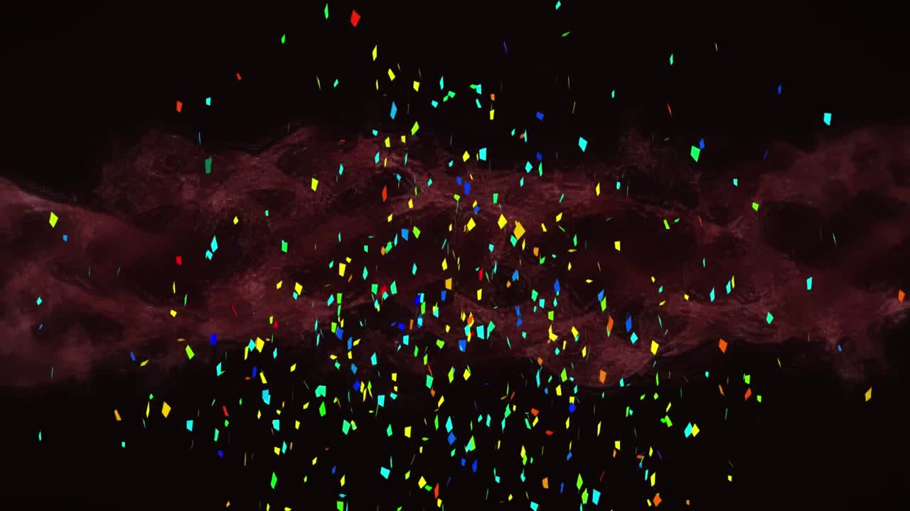 검은 바탕에 움직이는  ⁇ 은 구름 위에 떨어지는 다채로운 콘페티의 애니메이션