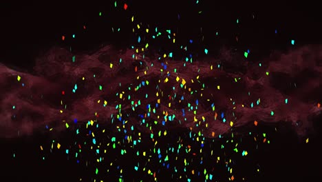 animación de confeti colorido que cae sobre una nube roja que se mueve sobre un fondo negro