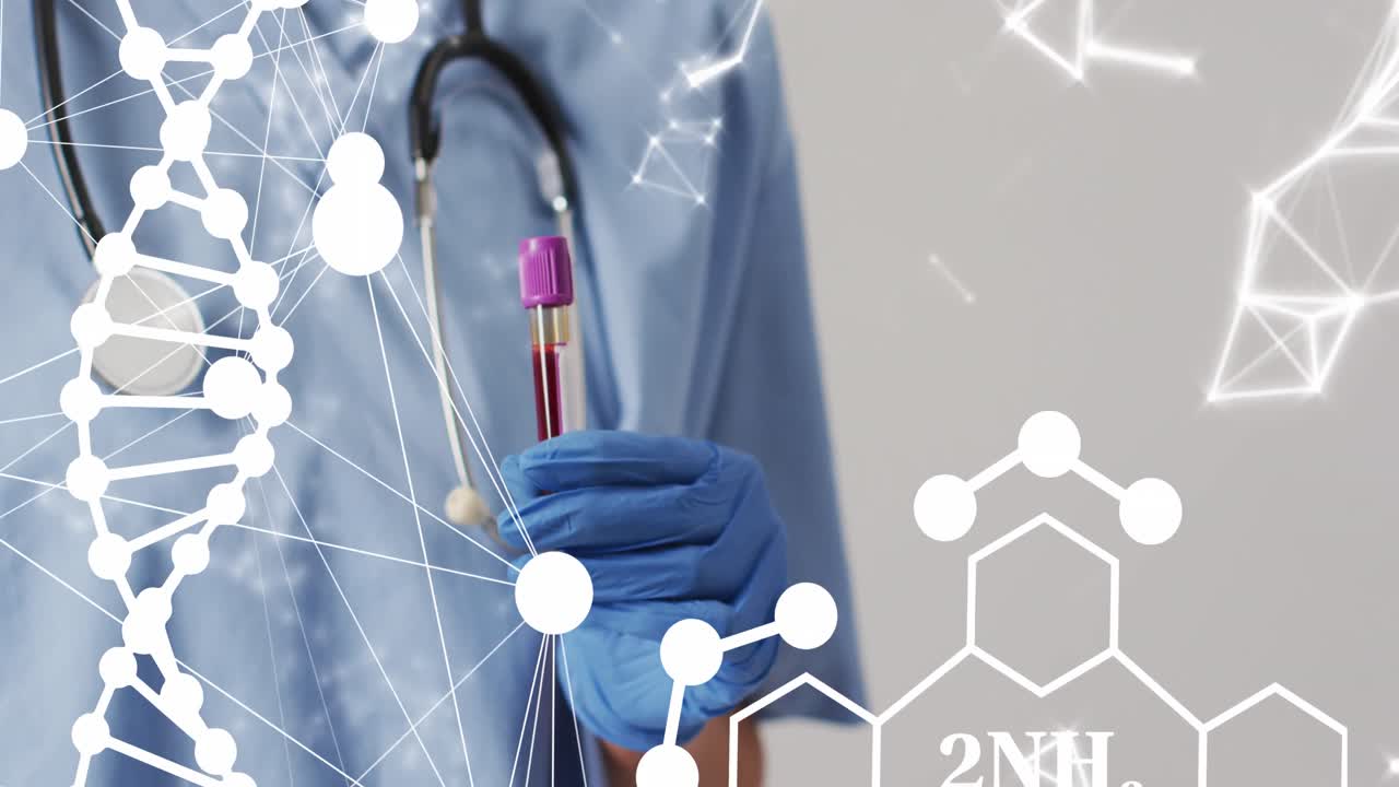 animación de cadena de adn y formas sobre médico de dos razas con tubo de ensayo