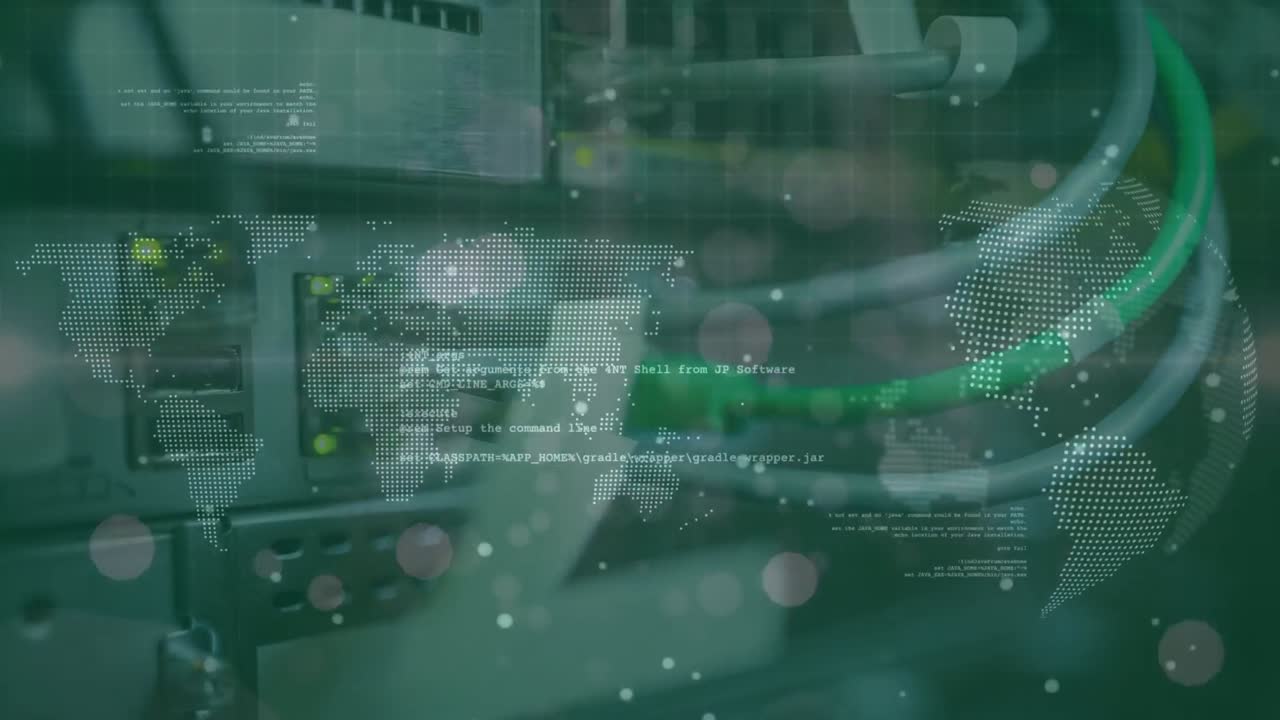 animação do processamento de dados com mapa mundial e globo sobre o servidor