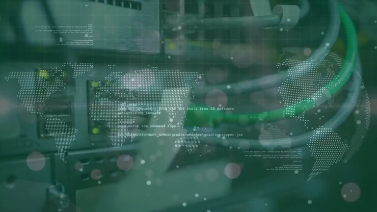 Animation of data processing with world map and globe over server