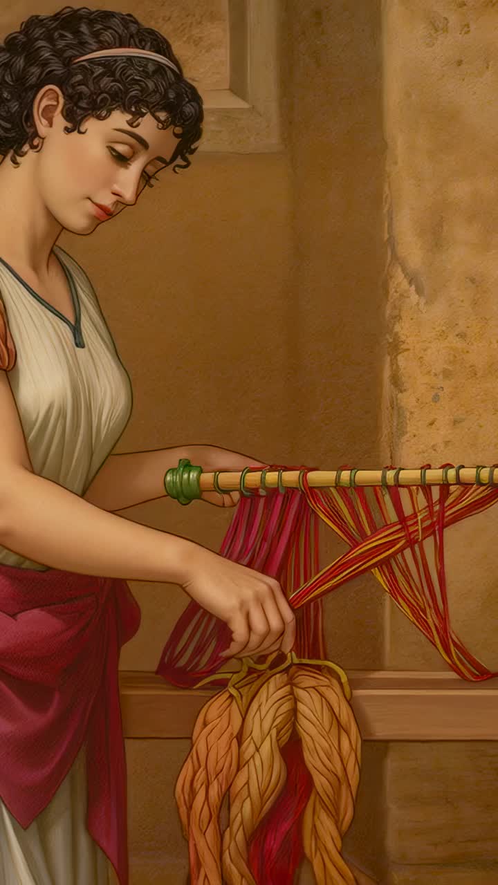 Vertical video: Holding yarn, sashed weaver nudging loom rod, aligning red gold threads in workshop